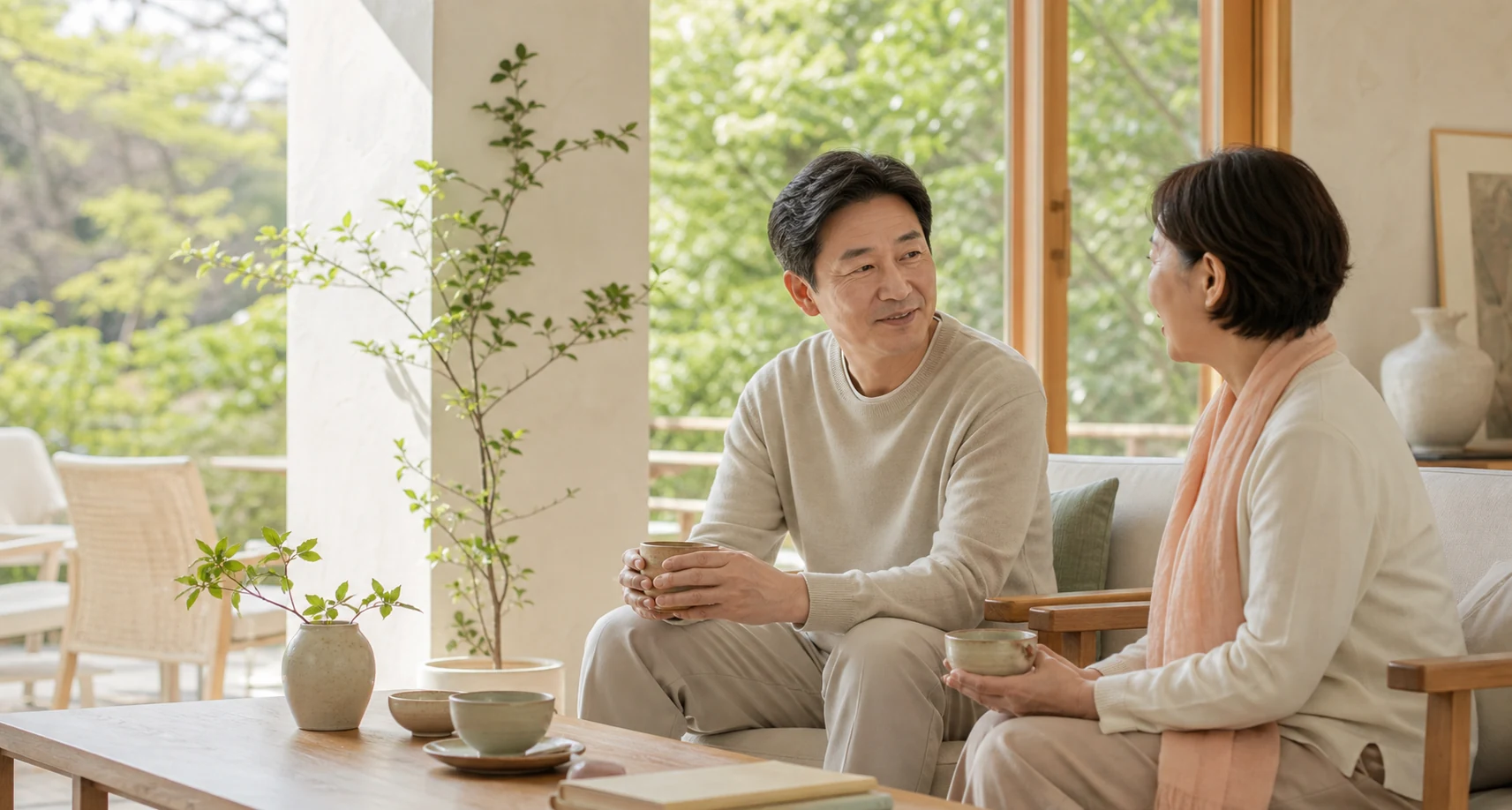 햇살이 드는 밝은 공간에서 차를 마시며 편안하게 대화하는 두 한국인 성인
