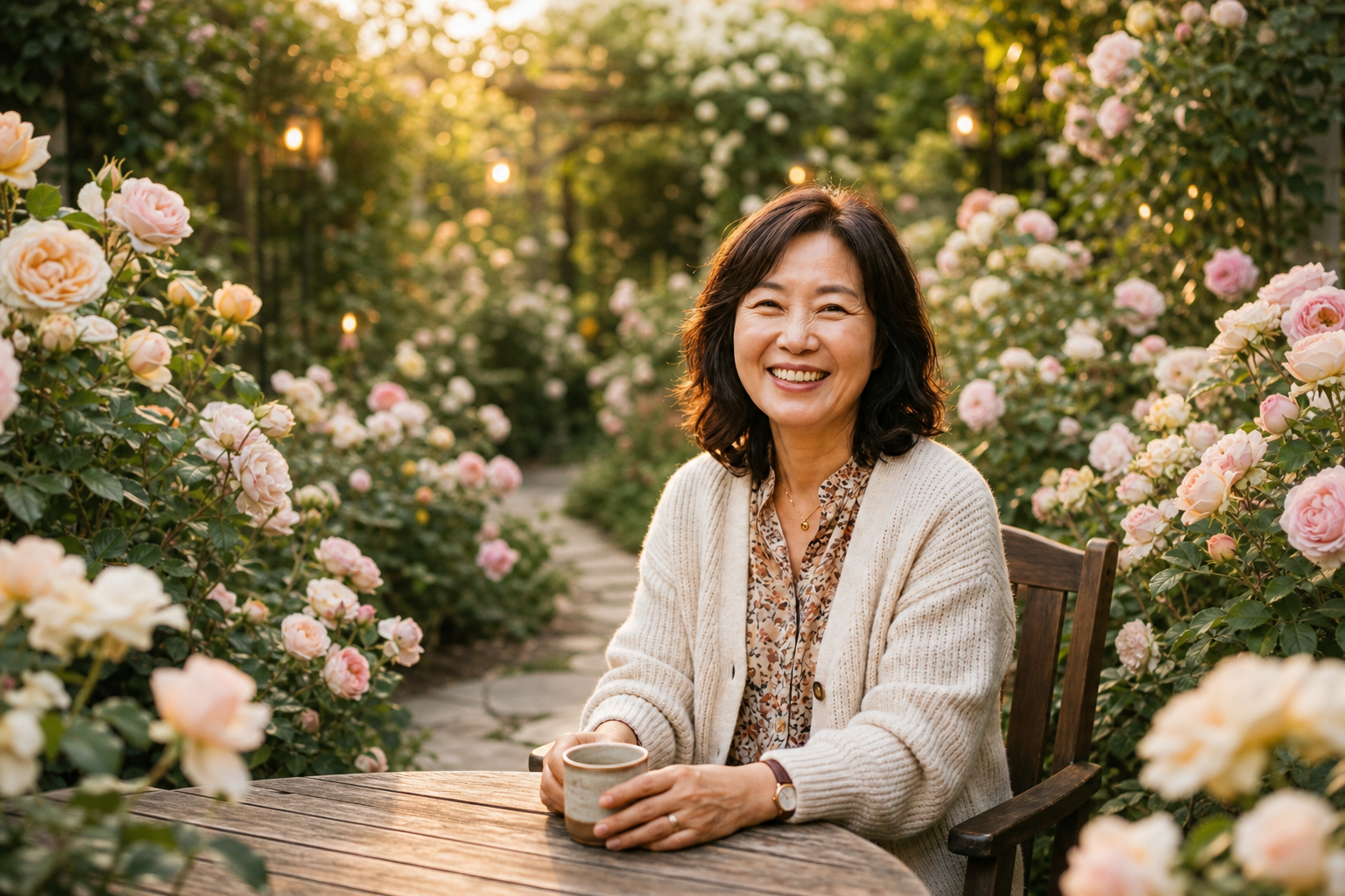 따뜻한 햇살이 비치는 장미 정원에서 환하게 미소 짓는 중년 여성