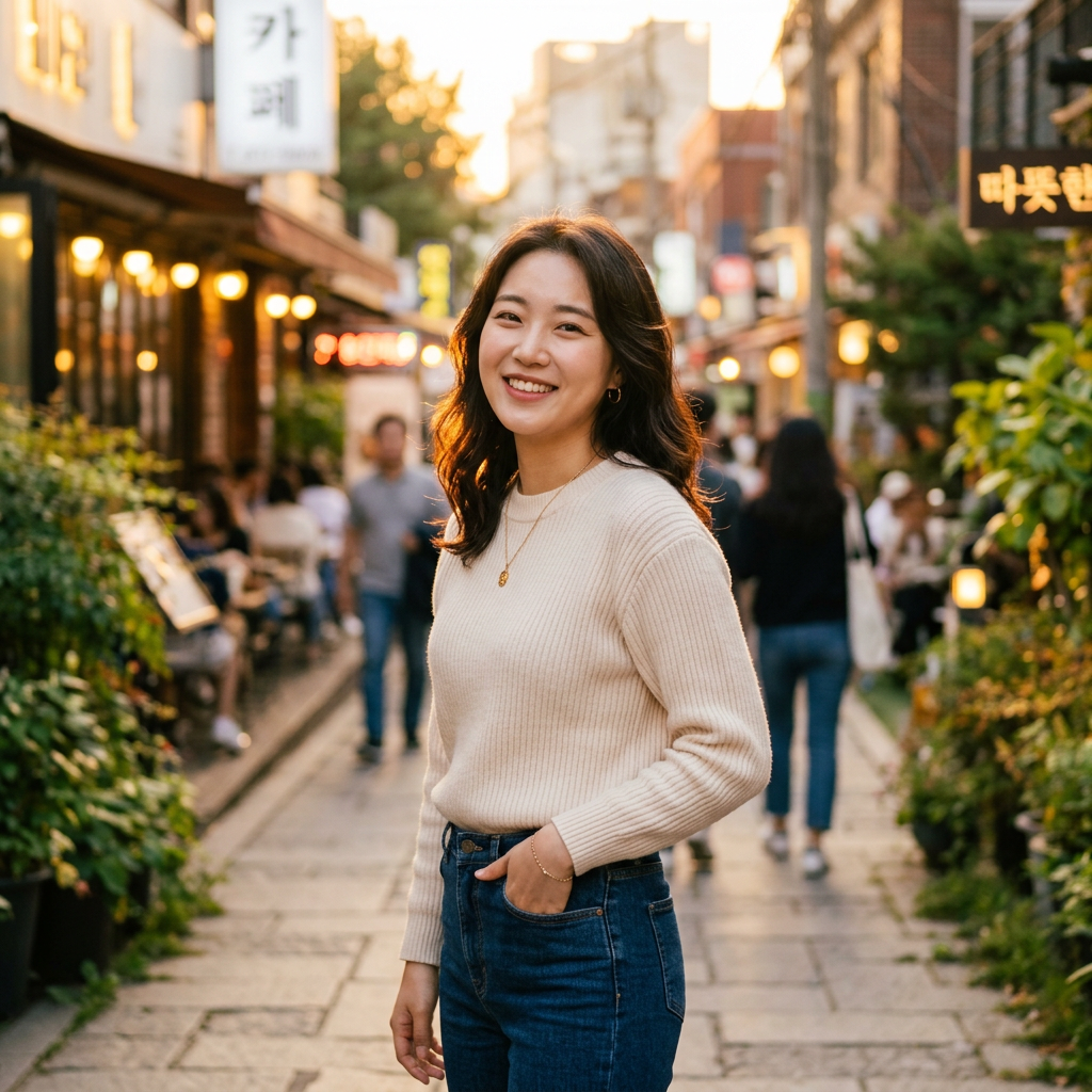 나무 액자 안에서 따뜻하게 미소 짓는 젊은 여성