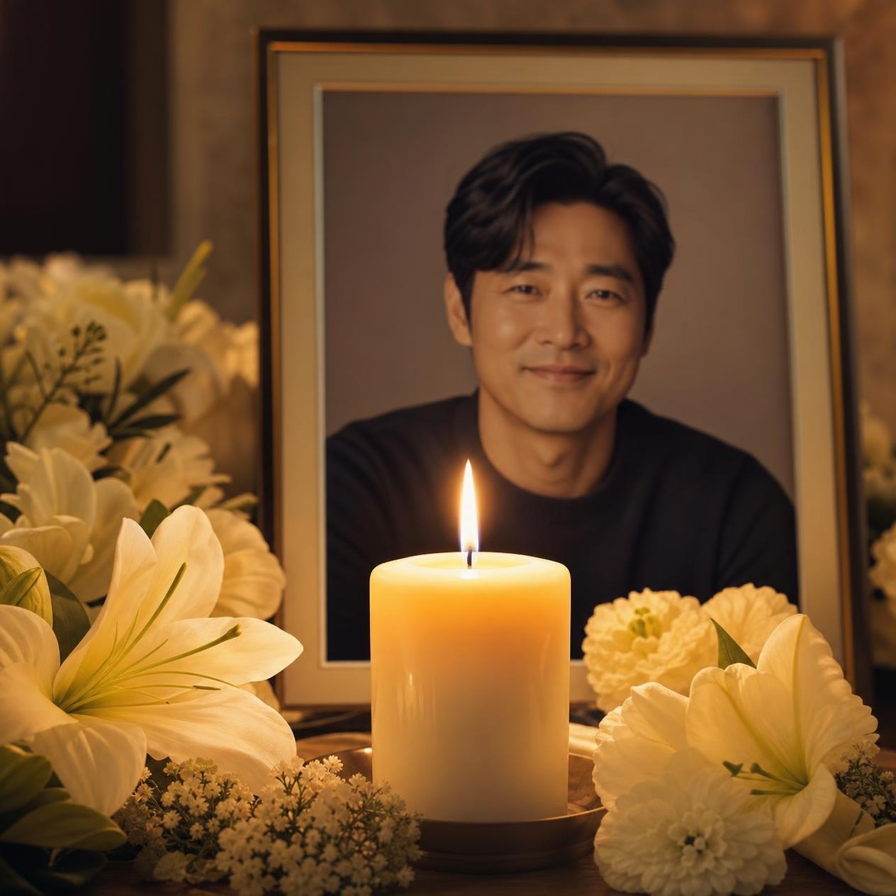 흰 꽃과 촛불 사이에 놓인 고인의 액자 사진