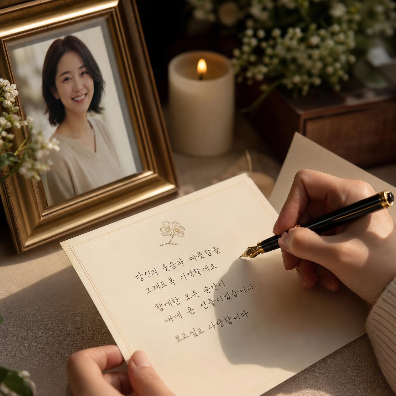 촛불과 꽃, 고인의 사진 곁에서 만년필로 추모 편지를 쓰는 모습