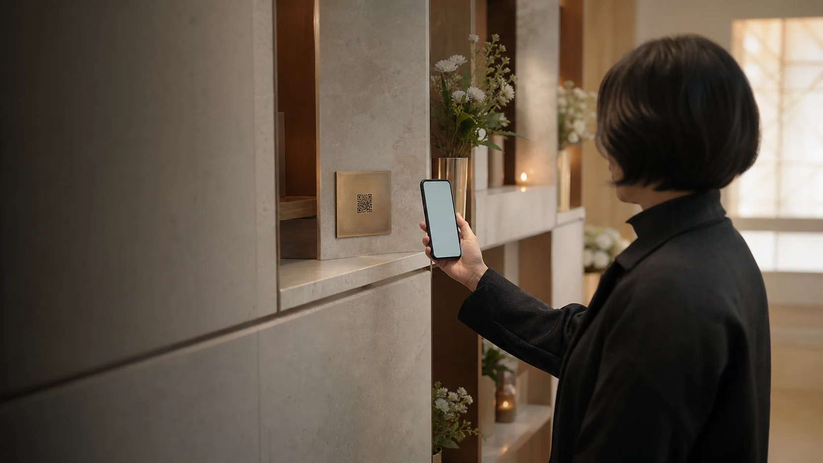 봉안당에서 황동 QR 명패를 휴대폰으로 비추는 가족의 재연 장면